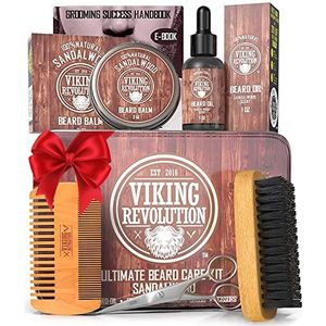 Viking Revolution Beard Grooming Kit for Men - Ultimate Beard Kit - Boar Beard Brush, Wood Beard Comb, Sandalwood Beard Balm, Sandalwood Beard Oil, Beard & Mustache Scissors