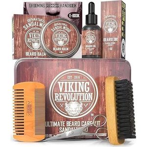 Viking Revolution Beard Grooming Kit for Men - Ultimate Beard Kit - Boar Beard Brush, Wood Beard Comb, Sandalwood Beard Balm, Sandalwood Beard Oil, Beard & Mustache Scissors