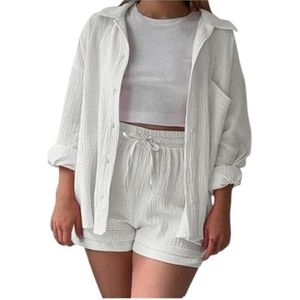 2024 Vrouwen Modieuze Casual 3 Delige Set Gerimpelde Stof Shorts Gaas Vest Vest Casual Set Vrouwelijke Street Wear (Color : White, Size : S)