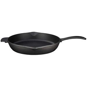 LAVA Cookware gietijzer geëmailleerde grillpan met metalen handvat, 2 schenktuiten, rond, 28 cm, zwart