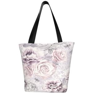 BeNtli Schoudertas, canvas draagtas grote tas vrouwen casual handtas herbruikbare boodschappentassen, paarse en grijze bloemen, zoals afgebeeld, Eén maat