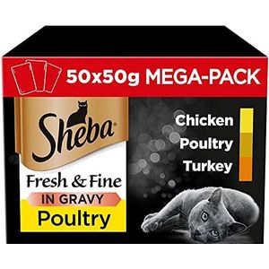 Sheba Natvoer voor katten Fresh & Fine Selection in saus, 50 x 50 g portiezak, Mega Pack – nat kattenvoer, gevogelte variatie met kalkoen, kip en gevogelte voor volwassen katten