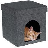 Relaxdays kattenpoef, overdekte mand voor katten en kleine honden, indoor kattenhuis stof, HBD 38,5 x 37 x 37 cm, grijs
