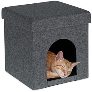 Relaxdays kattenpoef, overdekte mand voor katten en kleine honden, indoor kattenhuis stof, HBD 38,5 x 37 x 37 cm, grijs