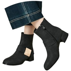 Grote Maten Enkellaarsjes Chelsea Korte Laarzen For Dames Met Blokhak Modieuze Ankle Boots Met Metalen Gesp Herfst Winter PU Leren Laarsjes Met Rits Elegante Hoge Hakken(Black,43 EU)