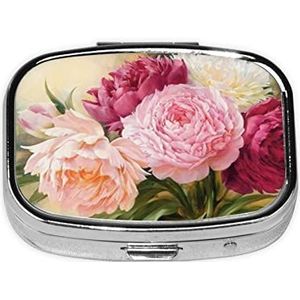 Pioen Bloemen Bloesem Gedrukt Vierkante Pillendoos Metalen Ijzer Plating Mini Pil Case Draagbare Reizen Pil Organizer met 3 Compartiment voor Pocket Purse