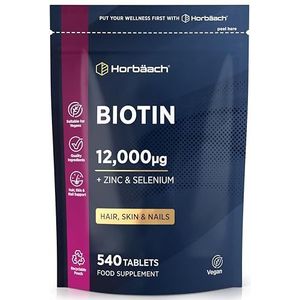 Biotine Zink Selenium 12.000 mcg | Biotin Zink Selen voor Haargroei, Huid & Nagels | 6 Maanden Voorraad - 540 Veganistische Tabletten | Haar, Huid & Nagelsupplement met Vitamin B7 | Horbaach
