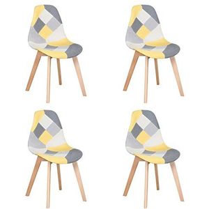 BenyLed Set van 4 eetkamerstoelen, kleurrijke patchwork-stoelen met houten poten, Scandinavische loungestoel voor keuken, woonkamer, café, enz., (geel)