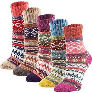 YZKKE Set van 5 wollen sokken voor dames, koud gebreid, vintage, zacht, warm, dik, kleurrijk, eenheidsmaat, Meerkleurig, one size