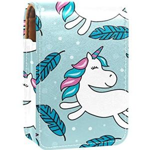 Draagbare Lipstick Case voor op reis, Mini Lipstick Opbergdoos met spiegel voor dames dames, lederen cosmetische etui Eenhoorn blauw, Meerkleurig, 9.5x2x7 cm/3.7x0.8x2.7 in
