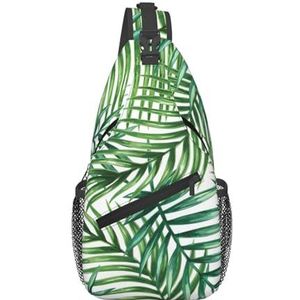 Gekleurd marmer, geschikt voor sport, hardlopen, reizen, outdoor crossbodytassen voor heren en dames, Tropische palmboom bladeren aquarel, Eén maat, Retro