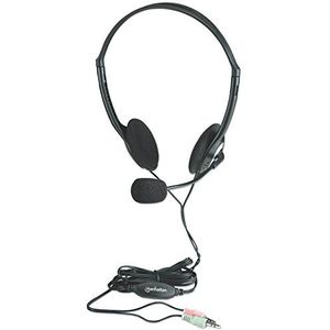 Manhattan Stereo on-ear headset (3,5 mm), microfoonboom, in-line volumeregeling, schuimoorkussens, standaard 2x 3,5 mm stereo-aansluiting/stekker voor audio/microfoongebruik, kabel 2 m, zwart, drie
