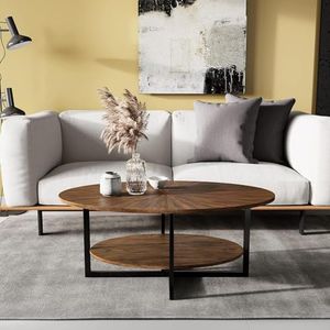 PADMA HOUSE Massief houten ovale salontafel met kruismetalen poten, 110 cm, moderne industriële middentafel met open plank, cocktail, theetafel voor woonkamer, slaapkamer (rustiek bruin)