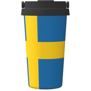 EdWal Zweedse vlag print 500 ml koffiemok, geïsoleerde campingmok met deksel, reisbeker, geweldig voor elke drank