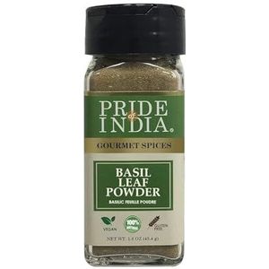 Pride Of India - Organic Basil Leaf Ground - 1.3 Oz (36.9 GM) Dual Sifter Jar - Certified Pure zeer geurende basilicumpoeder (OCIMIME SANTUM)