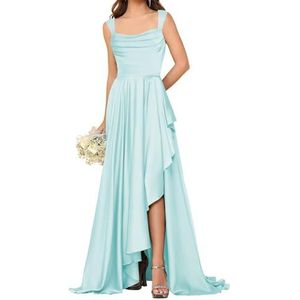 HPPEE Satijnen bruidsmeisjesjurken voor dames met split ruches vloerlengte korset mouwloze formele feestjurk, Lichtblauw, 32