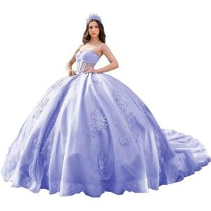 Fuomomo Quinceanera Prinsessenjurk met ruches en staart Quinceanera jurk van tule met parels schattige jurk 16 MT052, Lavendel, 42