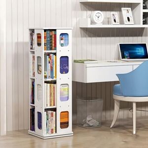 Draaibare boekenkast, houten boekenkast, boekenplank, smalle boekenkast, multifunctioneel, creatief boekenrek voor studenten, voor woonkamer, houten plank organizer (wit)