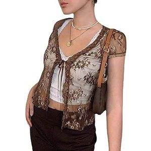 Dames Y2K Lace Patchwork Lace Up Crop Shirts Korte mouw Floral See Through Mesh Crop T-shirt Tops Cover Ups Black Bruin Clothes (Color : Brown, Size : Small)