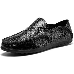 Heren loafers ronde neus effen kleur krokodillenprint lederen platte hak lichtgewicht resistente party slip-on (Color : Black, Size : 43 EU)