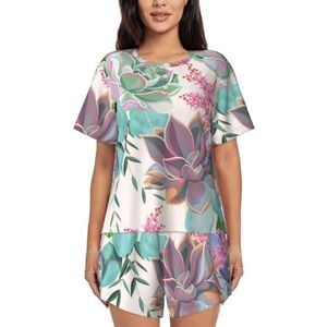 JIAWUJYNB Kleurrijke succulente print dames pyjama met korte mouwen - comfortabele korte sets, mouwen nachtkleding met zakken, Zwart, XL