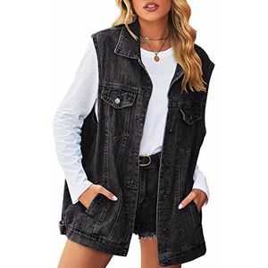 KREZMHLD Anzber Denim vest voor dames, oversized casual klassiek mouwloos spijkerjack met knopen, blauw, L (donkerblauw met pet, L)