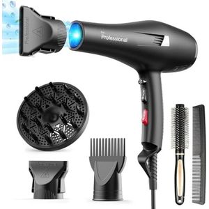 HappyGoo Föhn Ionic Professionele Föhn Föhn met 1 Diffuser, 2 Stylingmondstukken, 3 Warmte- en 2 Snelheidsstanden, 2,5 Meter Lang Netsnoer, Krachtige Föhn voor Gezin (Zwart)