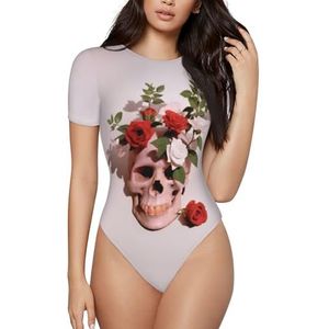 ELSMZXZD Bodysuit met korte mouwen voor dames - bloemen- en doodshoofdprint, ronde hals, rekbaar T-shirt, top, casual slim fit turnpakje, 3 D, S