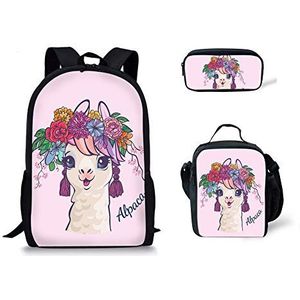 Jeiento 3 Pack School Schouder Boek Tassen Lunch Tas Potlood Bag School Set voor Kids Meisjes, Alpaca (roze) - School bag set-28