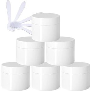 Cosmetische potten, 6 stuks, lege dikke glanzende witte plastic cosmetische potten van 50 ml met schroefdeksel, binnenvoering, monsterflessen for op reis + 6x spatels