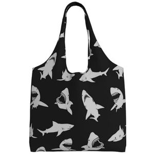BEEOFICEPENG Schoudertas, Grote Canvas Tote Bag Tote Purse Casual Handtas Herbruikbare Boodschappentassen, Zwarte Haaien Vis, zoals afgebeeld, Eén maat