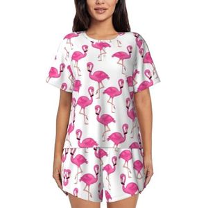 EdWal Roze Flamingo Print Vrouwen Pyjama Sets Lounge Wear Set Zachte Loungewear Korte Mouwen Pjs En Shorts, Zwart, S