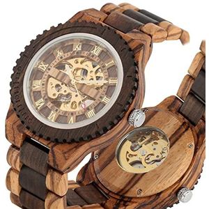 Handgemaakt Luxe Mens Horloges Ronde Automatische horloge for Mannen Mode Houtklok Verstelbare Houten Armband Mechanische Polshorloge Huwelijksgeschenken (Color : Ebony Wood)