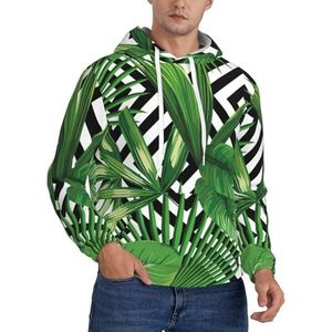 JEJEA Groene bladeren van palmboom tropische plantenprint heren sweatshirt capuchon trekkoord hoodies trui lange mouwen trui voor dagelijks gebruik, Zwart, S
