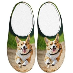 EdWal Leuke Corgi-print Winter Warme Slippers Indoor Anti-slip Pluche Slippers Ontspannen Thuis voor Vrouwen Mannen, Zwart, 37.5 EU