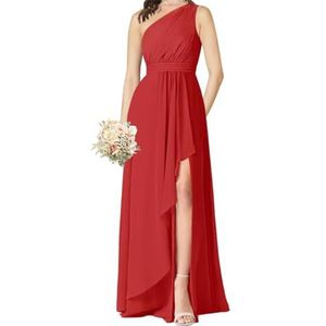 Één Schouder Prinses Bruidsmeisjes Jurken Ruches Prom Jurken Chiffon Formele Avond Party Jurk met Split ZM086, Rood, 58/Meer