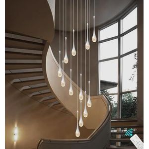 Zilverkleurige spiraalvormige regendruppels, kristallen kroonluchter, moderne 3000-6000 K, dimbare ledlamp, 12 vlammen kroonluchter, plafondlamp voor villa, trappenhuizen, foyers en woonkamer