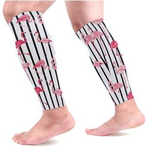 EZIOLY Roze flamingo strepen sport kalf compressie mouwen been compressie sokken kuitbeschermer voor hardlopen, fietsen, moederschap, reizen, verpleegkundigen