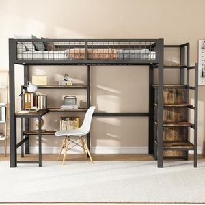Idemon Hoogslaper, ijzeren bed, ondertafel, meerdere planken, inbouwkast, zwart (90 x 200 cm)