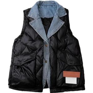 QOUERUUE Plus Size Winter Puffer Vest Vrouwen Casual Mouwloos Button Up Denim Patchwork Warm Gewatteerde Bovenkleding Vesten, Zwart, 3XL