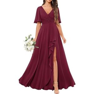 Chiffon bruidsmeisjesjurken voor dames, met spleetplooien, formele avondjurken, grote maten, Woestijnroos, 32