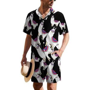 Grappige lama Alpaca Hawaiiaanse pak voor heren, set van 2 stuks, strandoutfit, shirt en korte broek, bijpassende set