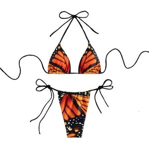 SuChengSS Women'S Bikinis Women Butterfly Print Halter String Micro Bikini Sets Two Pieces Swimsuit Swimwear Bathing Suit Beach Outfits-red-m