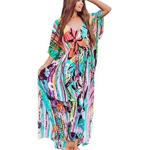 YouKD Zomer Katoenen Print Bloemen Lange Kaftan Bohemian Strand Badpak Cover Up Maxi Jurk voor Dames