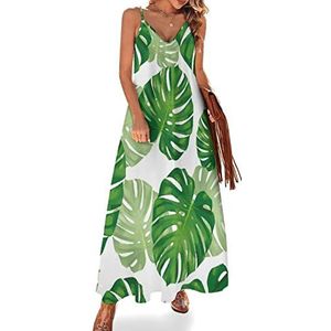 Tropical Leaves Monstera Zomerjurk voor dames, maxi-jurk, V-hals, mouwloos, spaghettibandjes, lange jurk