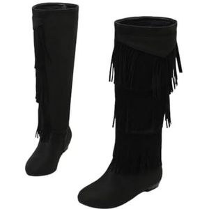 Dames Kniehoge Laarzen Retro Western Cowboylaarzen Met Franjes Suède Lange Laarzen Warme Pluche Gevoerde Sneeuwlaarzen Comfortabele Brede Buis Instapschoenen(Black,43 EU)