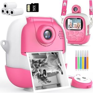 Kindercamera, instant camera, digitale camera, 1080p met 180°-draailens, 4 rollen printpapier en 32G-kaart, camera directe foto's, fotocamera met 6 gekleurde pennen, cameracadeau voor kinderen van