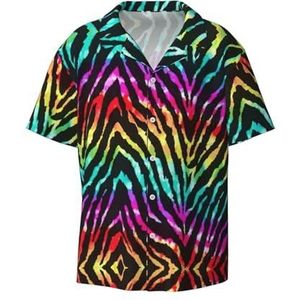 OdDdot Kleurrijke Regenboog Zebra Print Mannen Button Down Shirt Korte Mouw Casual Shirt Voor Mannen Zomer Business Casual Jurk Shirt, Zwart, XXL