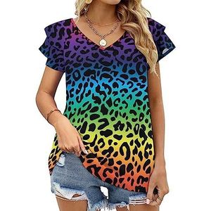 Kleurrijke luipaard dames casual tuniek tops ruches korte mouwen T-shirts V-hals blouse T-shirt