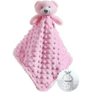 CREVENT Troostende veiligheidsdeken voor babyjongens en -meisjes, voorkant met minky stippen + sherpa achterkant (roze beer)
